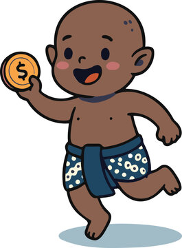 Cute Tuyul Holding Gold Dollar Coin Indonesian Mythical Child Spirit Flat Vector Illustration