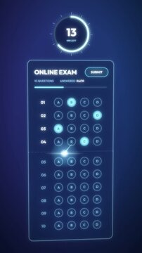 Online exam answer sheet filled under countdown timer, then a passing score of 90 with badge, vertical