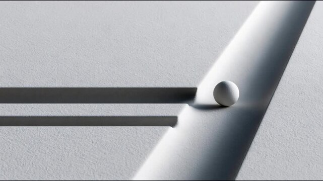White sphere resting beside intersecting dark shadows on a textured pale surface, minimalist style, concept of balance