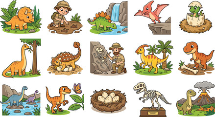 Dinosaur Adventure Vector Collection – Cute Dinosaurs, Fossils, Archaeology and Prehistoric Illustrations © koushar
