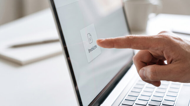 Laptop screen showing a French unsubscribe button is pointed at by a man's finger in a bright office environment.