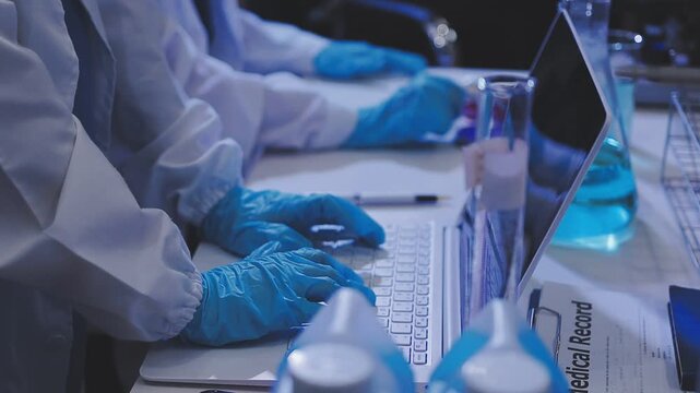 Food scientists in lab coats, testing samples, and analyzing food safety and quality in a modern laboratory