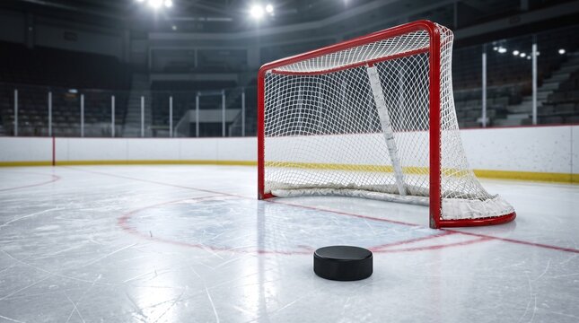 Ice hockey goal net and black puck on professional rink surface in