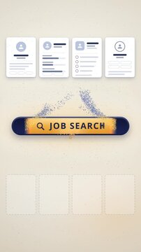 Job search bar pulling data from resume profiles and sorting it into colorful job category cards, vertical
