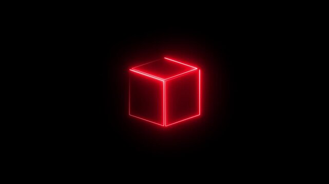 Neon cube frame. square magenta grid with magical glow 3d render in dark space. motion animated transparent background animation.