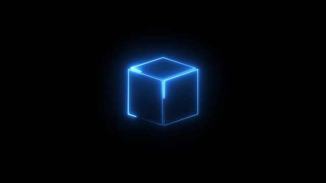 Neon cube frame. square magenta grid with magical glow 3d render in dark space. motion animated transparent background animation.