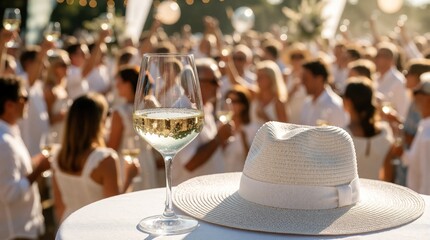 Naklejka premium Large group of friends celebrate Sauvignon Blanc day at outdoor wine tasting event. People wear white clothes, toast with glasses of white wine in sunny winery garden. Summer party with festive