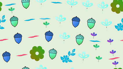 Seamless pattern of acorns and stylized floral elements © Anangmaulana