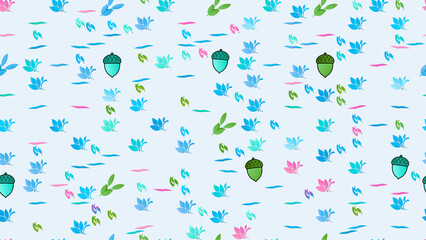 Seamless pattern of acorns and stylized flowers © Anangmaulana
