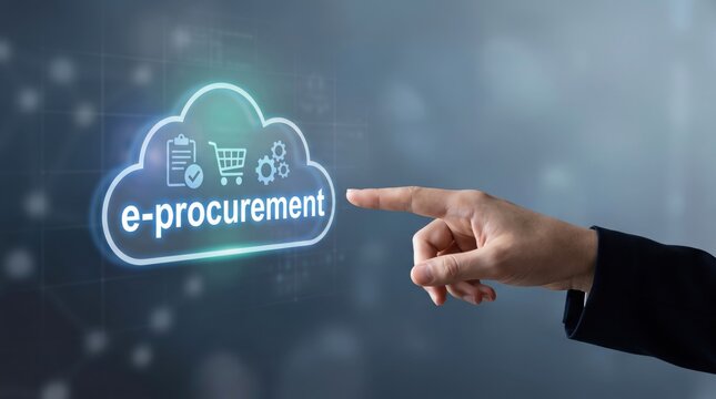 Businessman points his finger at a glowing virtual e-procurement cloud icon.