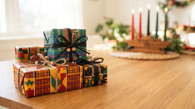Gift boxes in kente wrapping paper with raffia bows near kinara candles, Kwanzaa celebration and African heritage
