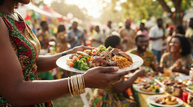 Woman holding plate of roasted chicken, jollof rice and plantain at outdoor community feast, Kwanzaa celebration and African cuisine