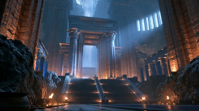 Ancient temple stands in misty, dimly lit grandeur