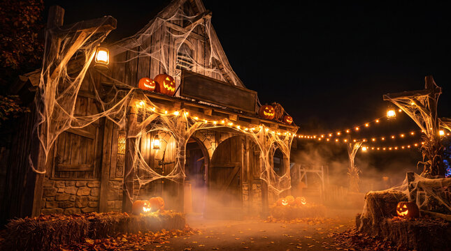 Cobweb-covered haunted barn entrance glowing with pumpkins, fog and string lights at night