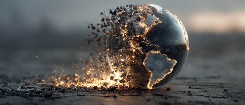 A glass globe resembling earth disintegrates into debris on a wooden surface against a blurred background.