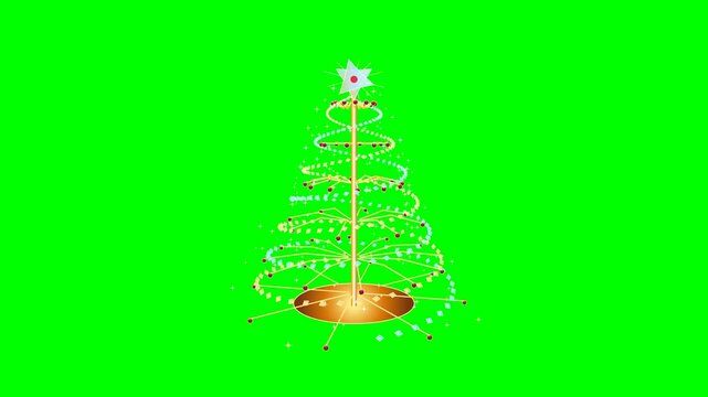 Exquisite 3D mechanical Christmas tree featuring a dual helical spiral of faceted crystal prisms, expanding origami brass ribs, hanging ruby gemstones, and a dual-axis spinning crystal merkabah star.