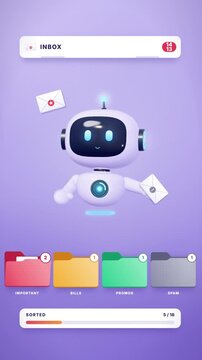 Cute robot sorting inbox emails into colored folders until inbox zero is reached, vertical