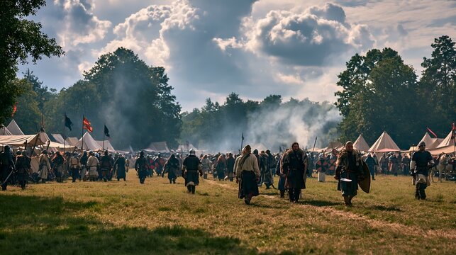 Historic reenactment unfolds beneath a cloudy sky