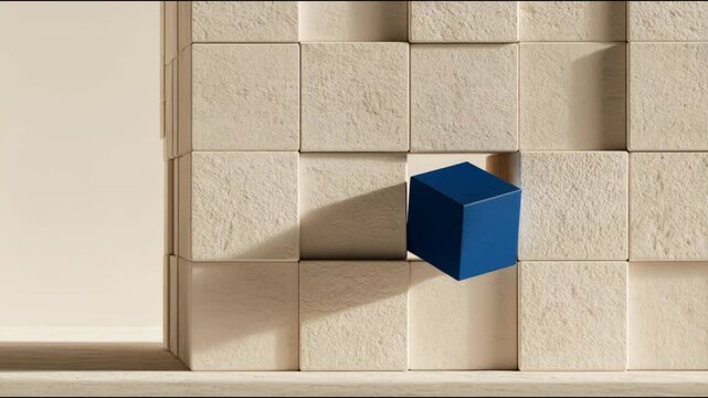 Blue cube emerging from a textured cream wall, minimalist style, warm background, concept of innovation and design