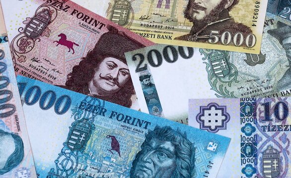 Big amount of Hungarian forint money banknotes. Hungary cash bills of HUF currency close up