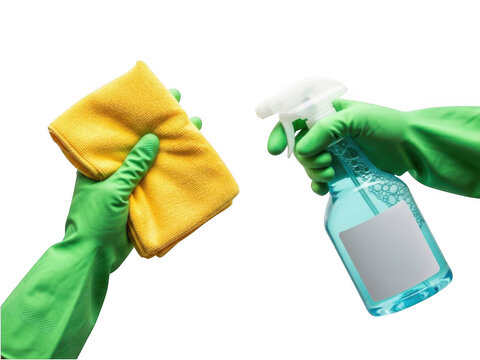 Person wearing green gloves holding a yellow cleaning cloth and a spray bottle isolated on transparent background