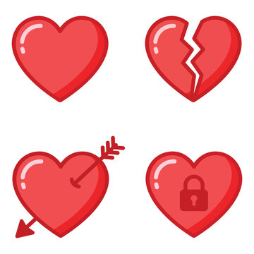 Four red heart icons including standard broken pierced with arrow and locked designs security valentine relationship marriage illustration collection background isolated protected faithful