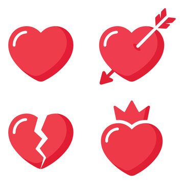 Set of red heart icons featuring standard shape pierced broken and crowned variations valentine relationship marriage illustration collection background isolated favorite