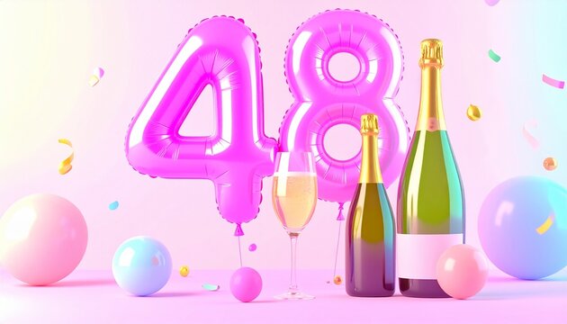 Birthday and Anniversary Celebration with Champagne and Number 48 Balloon