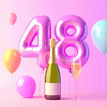 Birthday and Anniversary Celebration with Champagne and Number 48 Balloon