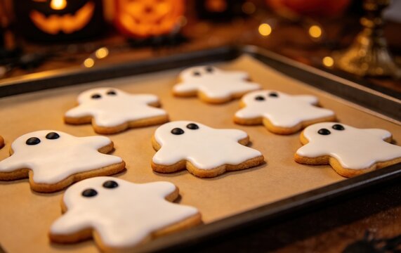 Ghost-Shaped Cookies with White Icing, Simple Eyes Halloween Baking