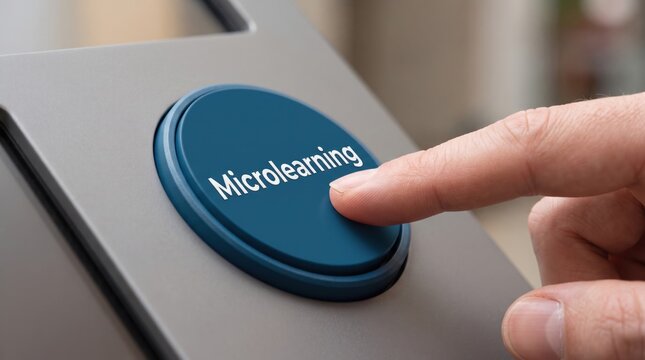Hand of a user presses a blue circular button with the word Microlearning written on it.
