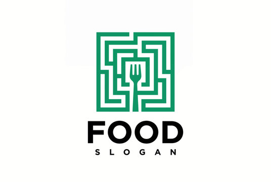 Modern minimalist food slogan logo with maze fork graphic for
