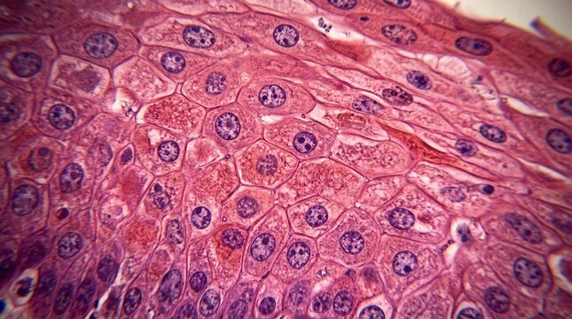Microscopic histology section of skin epidermis showcasing stratum corneum, stratum spinosum, and stratum basale layers. Light micrograph of dermatopathology, biology design layouts