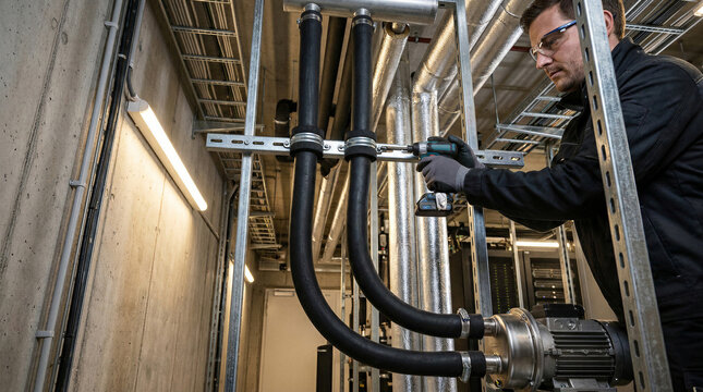 Cooling specialist maintaining a circulation pump and coolant piping in a data center. CDU maintenance, liquid cooling system service, industrial engineering, and server infrastructure.