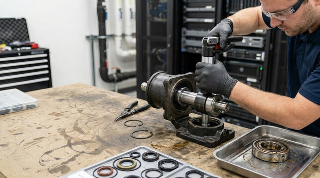 Male cooling specialist repairing circulation pump beside server racks in data center workshop. CDU maintenance, liquid cooling system service, industrial engineering and preventive equipment care.
