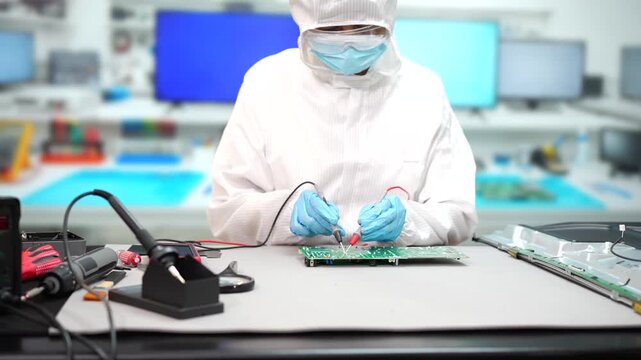 Technician in clean room clothing and mask repairs a circuit board with probes at an electronics laboratory workbench.