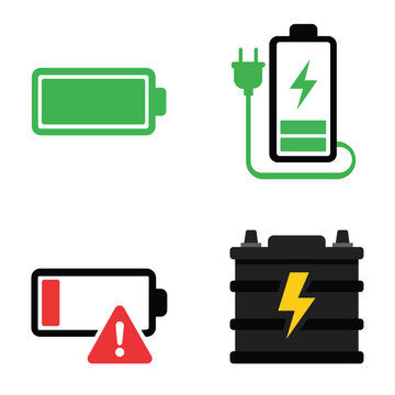 Set of battery power level and charging status icons with green and red indicators charging electricity indicator lightning triangle accumulator technology illustration interface collection