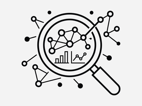 Black line of a magnifying glass examining a network of nodes and bar charts, isolated on a plain white background