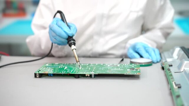 Technician in blue gloves repairing a green circuit board with a soldering iron at an electronics workbench.