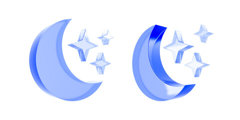 3D glass crescent moon and stars icons isolated on transparent background © Kstock