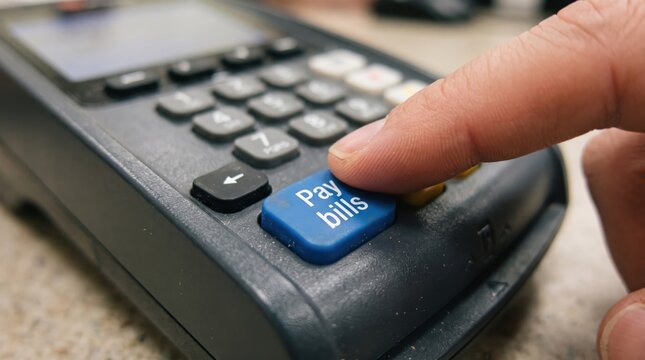 Payment terminal button with 'Pay bills' text is pressed by a finger to complete a financial transaction.