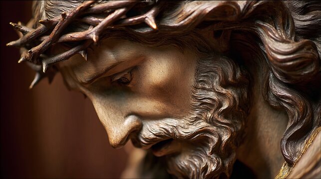 Sculpted figure depicting suffering Christ with crown of thorns, dramatic lighting, highlighting detailed texture, showcasing somber religious artwork