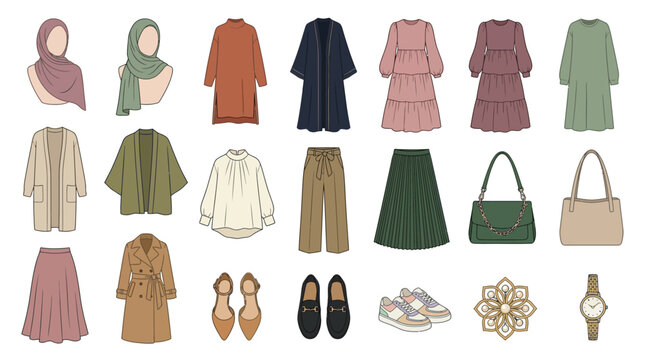 Collection of modern modest fashion clothing and accessories for women.