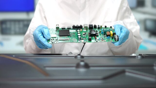 Technician in clean room clothing and blue gloves holding a circuit board above industrial equipment in an electronics manufacturing facility.
