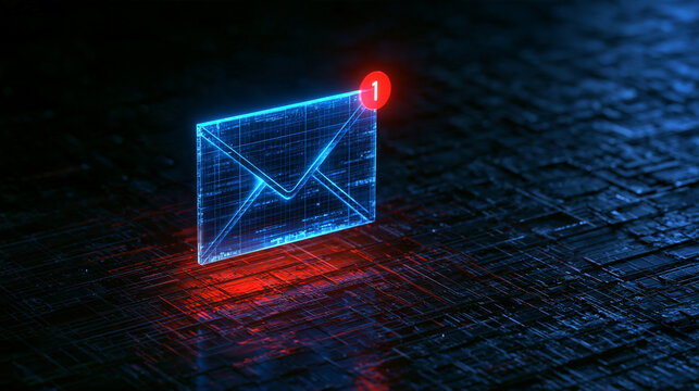 A glowing digital envelope icon with a red notification badge floats on a dark circuit board. Perfect for email marketing and cybersecurity concepts.
