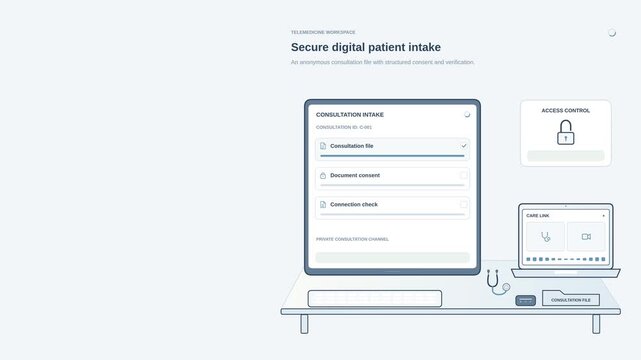 Secure digital patient intake animation with online registration, identity details and protected onboarding, clean healthcare motion graphic for telemedicine, clinics and digital health services