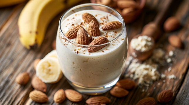 Fresh banana and almond smoothie topped with whole nuts in a glass on wood. Perfect for healthy diet and fitness recipes.