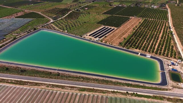 Triangular green water reservoir lined with black geomembrane surrounded by orchards, solar panel arrays, plowed fields and a rural road in sunny agricultural countryside
