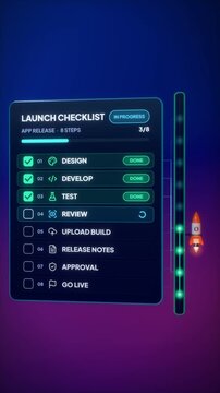 Rocket launches after app release checklist completes all eight steps, product launch animation