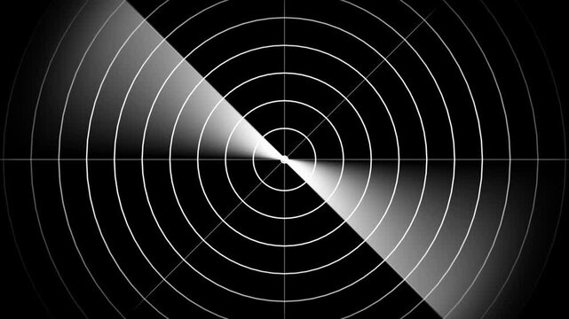 Circular radar screen sweeping animation with wave expending on black background. Radar screen showing search result.